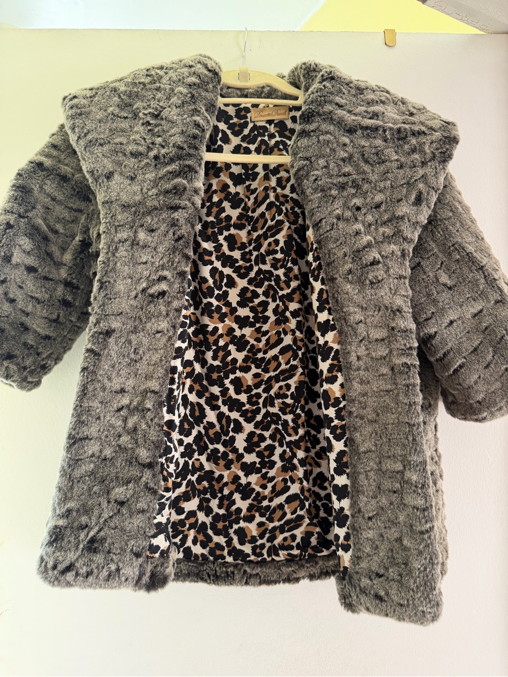 Plush Gray Faux Fur Cape Coat with Leopard-Print Lining
